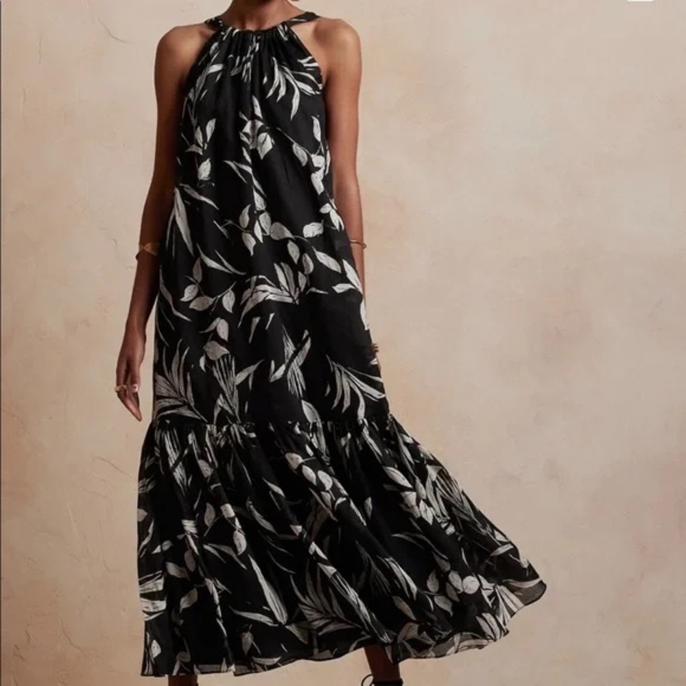 Banana Republic Fino Ramie Black Floral Midi Dress Size M